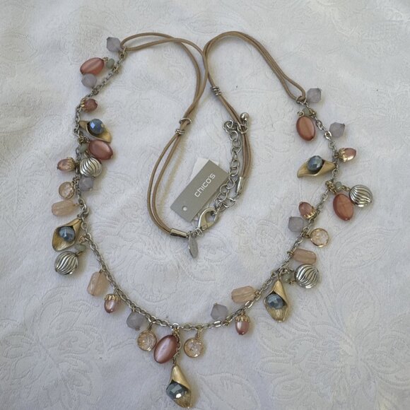 CHICO Chicos Gold Silver Tone Blue Bell Peach Pink Long Chain Statement Necklace NEW